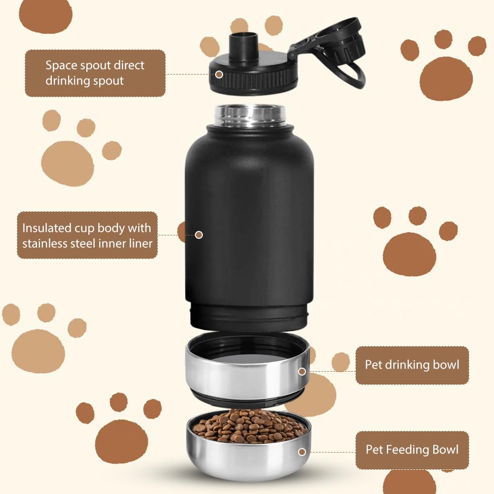 Gourde pour chien - Pour les déplacements - 950 ml - 4 en 1 - Avec gamelle d'eau et gamelle - Bouteille d'eau isolée en acier inoxydable - Sans BPA - Accessoire pour chien - Pour voyage, randonnée