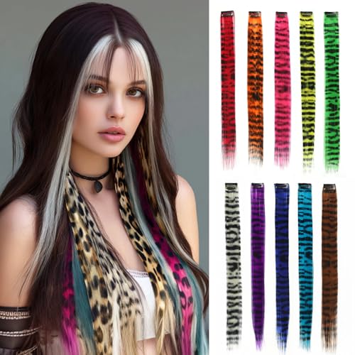 EXTACIO 10pcs/pack Scene Hair Extensions Synthetic Clip in Leopard print Hair piece 18inch Long Straight Colorful striped Hairpieces Halloween Party Cosplay Y2K Use for Women