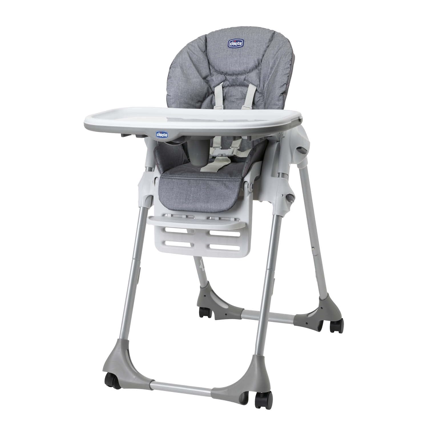 Polly Easy Seggiolone Pappa Evolutivo per Bambini da 6 Mesi a 3 Anni (15 kg), Seggiolone Reclinabile a Sdraietta con Altezza e Poggiapiedi Regolabili, 4 Ruote, Chiusura Compatta - Grey Melange