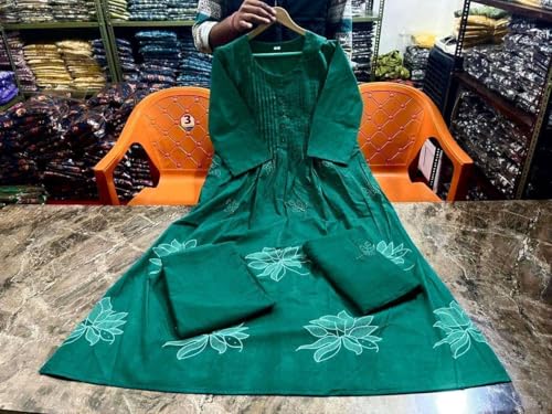 Image of Women's Cotton Embroidery Floral Printed Long Straight Kurti With Pant And Dupatta Set