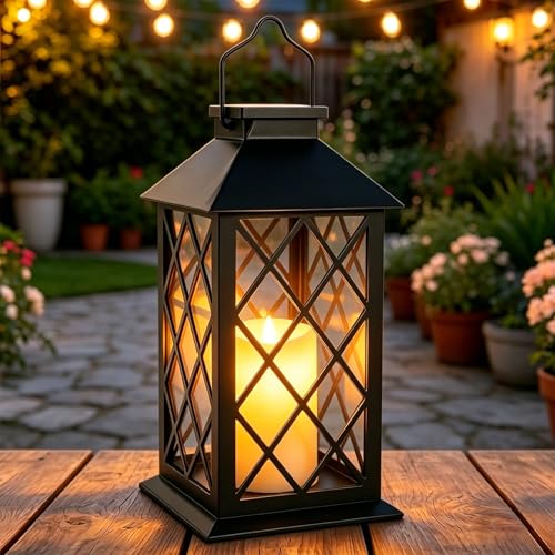 Dekofun 35 cm Lanternas solares exteriores, lanterna solar com vela piscade, clipes, IP44, impermeável lanternas candeeiro solar exterior para jardim, terraço, mesa varanda Camping decoração - preto