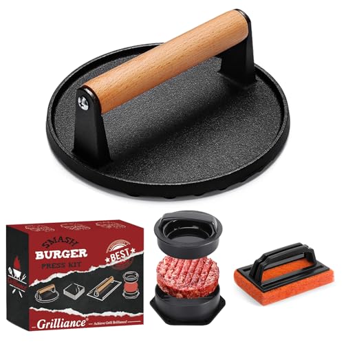 Grilliance Smash Burger Press Kit, 3 in 1 Hamburger Press Patty Maker, Dark Black Cast Iron Burger Press, Cleaning Pad Set for Grill, Griddle, Flat top, Kitchen, Cooking