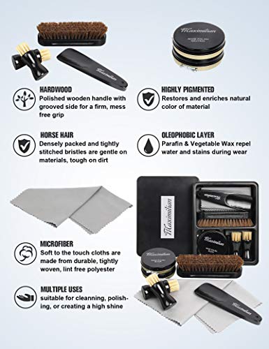 Maximilian Shoe Polish Kit 7 Pc Leather Shoe Care Kit For Shoe Care And Cleaning With Neutral & Black Polish, 100% Horse Hair Shoe Brushes, Shine Cloths, Shoe Horn Father's Day Gift For Men #TOP2