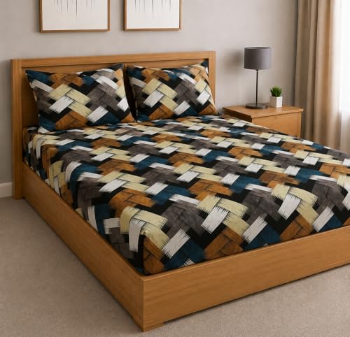 Image of Warm Flannel (Flano) King Size Winter Fitted Bedsheet | All Side Elastic Premium Winter Soft Velvet Furnishing Bed Sheet with 2 Big Pillow Cover Size - 72 x 78 X 8 Inches Zigzag Brown