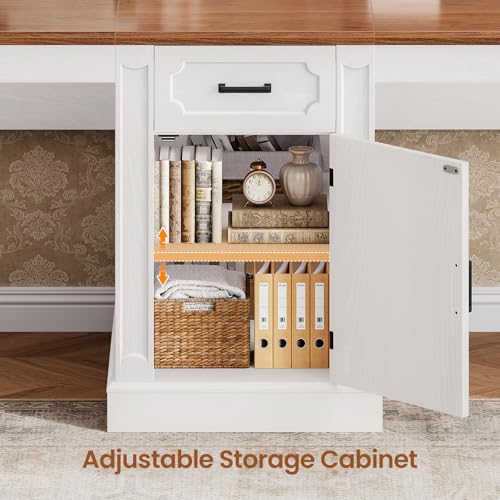 Image of SEDETA Farmhouse 110.3 inch Two Person Desk with 7 Drawers, Long Computer Desk with Storage Cabinet, 2 Person Desk with Power Outlets for Home Office, White+Brown