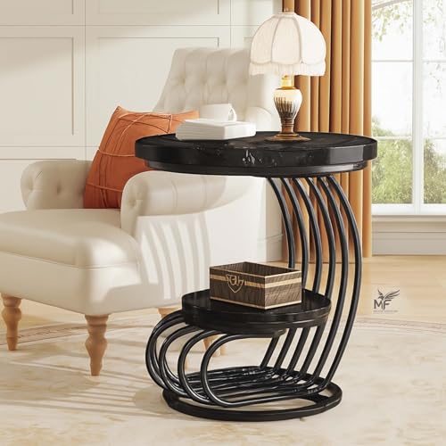 Image of MELVON End Table /Side Table with Black Marble Look Engineered Wood Top & Black Metal Frame, 2 Tier Storage for Living Room, Bedroom & Bedside | Full Black