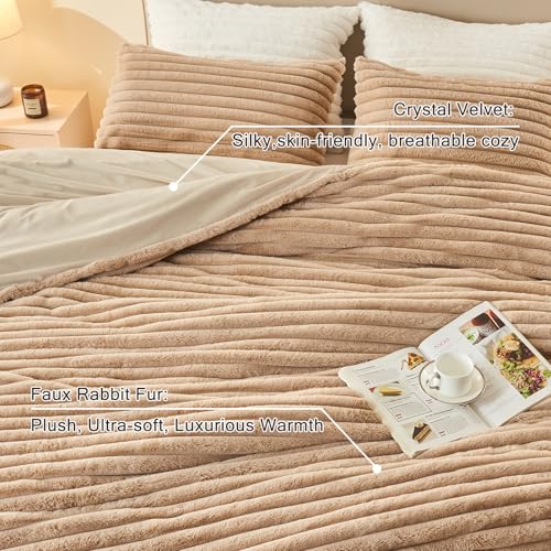Image of EMME Faux Fur Duvet Cover Queen Size, 3 Pieces Ultra Soft Fluffy Comforter Cover, Cozy Warm for Winter, Luxury Elegant Shaggy Striped Design Bedding, 1 Duvet Cover & 2 Pillow Shams (Queen, Taupe)