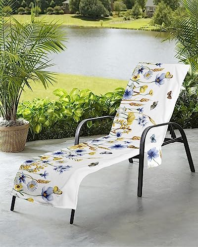 Fall Leaves Flower Beach Chair Towel Covers for Chaise Lounge with Side Pocket, Soft Plush Pool Towels Cover for Patio Sunbathing Outdoor 29''x85'' Country Blue Butter-fly Yellow Wheat