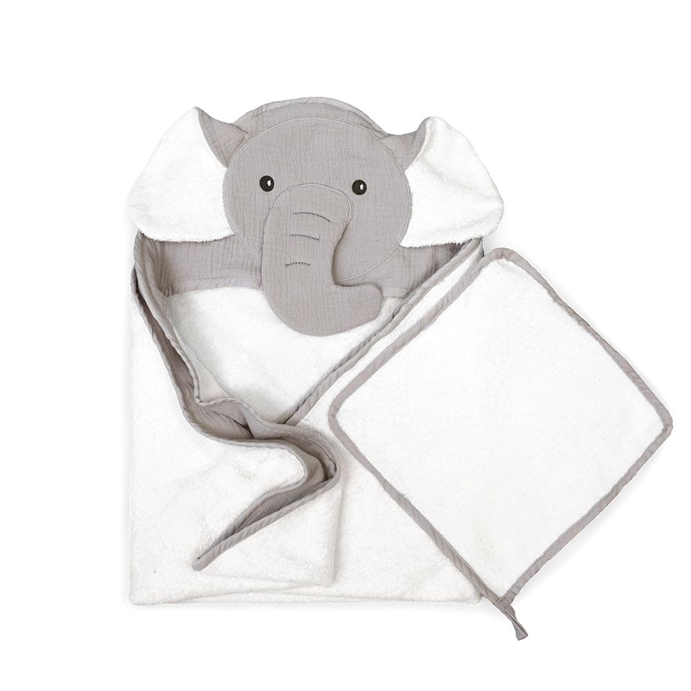 Mon Ami Multicolor Petit Elephant Hooded Towel & Washcloth Set - Soft Terry Cotton, 30" Baby Towel & 10" Washcloth, Muslin Top Layer, Adorable Elephant Character, Baby Bath Essentials
