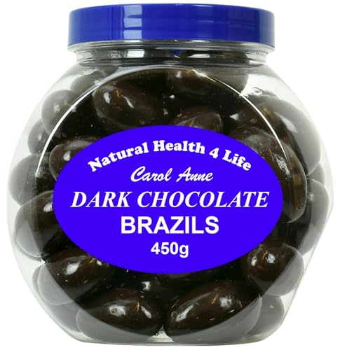 Natural Health 4 Life Carol Anne Confectionery Dark Chocolate Brazil Nuts 450g, Chocolate Covered Brazil Nuts in Recyclable Gift Jar, 7.6g Protein per 100g,Vegetarian Snack for Gifting, Baking (1 Jar)