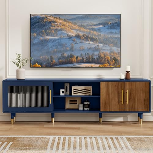 SEREMOVE TV Stand with Glass Sliding Door Mid Century Modern TV Cabinet