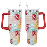 Sunmdecor Mother's Day Gift for Mom Grandma - Pioneer Woman Tumbler with Handle and Silicone Straws - 40 Oz Flower Cups Insulated Tumbler - Birthday Gifts for Women Girlfriend