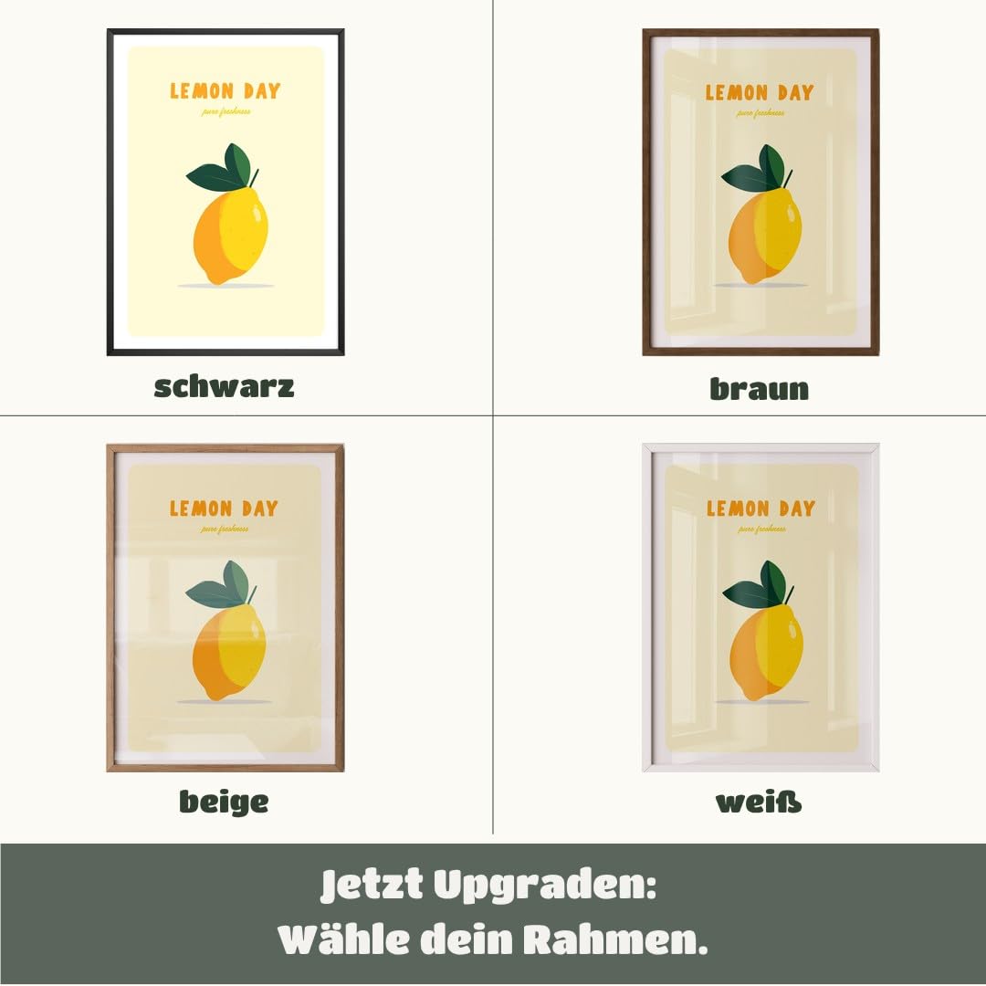 MJ-GRAPHICS® Poster Zitrone Kunstdruck minimalistisch Wandbild Gelb Wanddeko Küche Wohnzimmer bilderfrisch lebendig spritzig Akzente Deko frech fröhlich Ambiente 50x70 mit beigem Rahmen