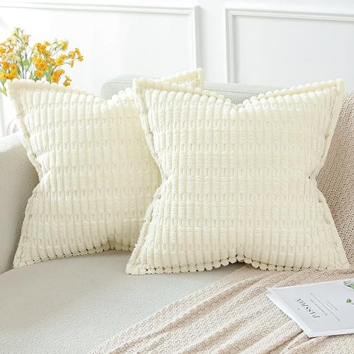 Artscope Cream White Beige Cushion Covers Set of 2 Corduroy Decorative Square Striped Pillowcase with Stitched Edge Pillow Covers 50x50cm for Home Decor Sofa Bedroom Car