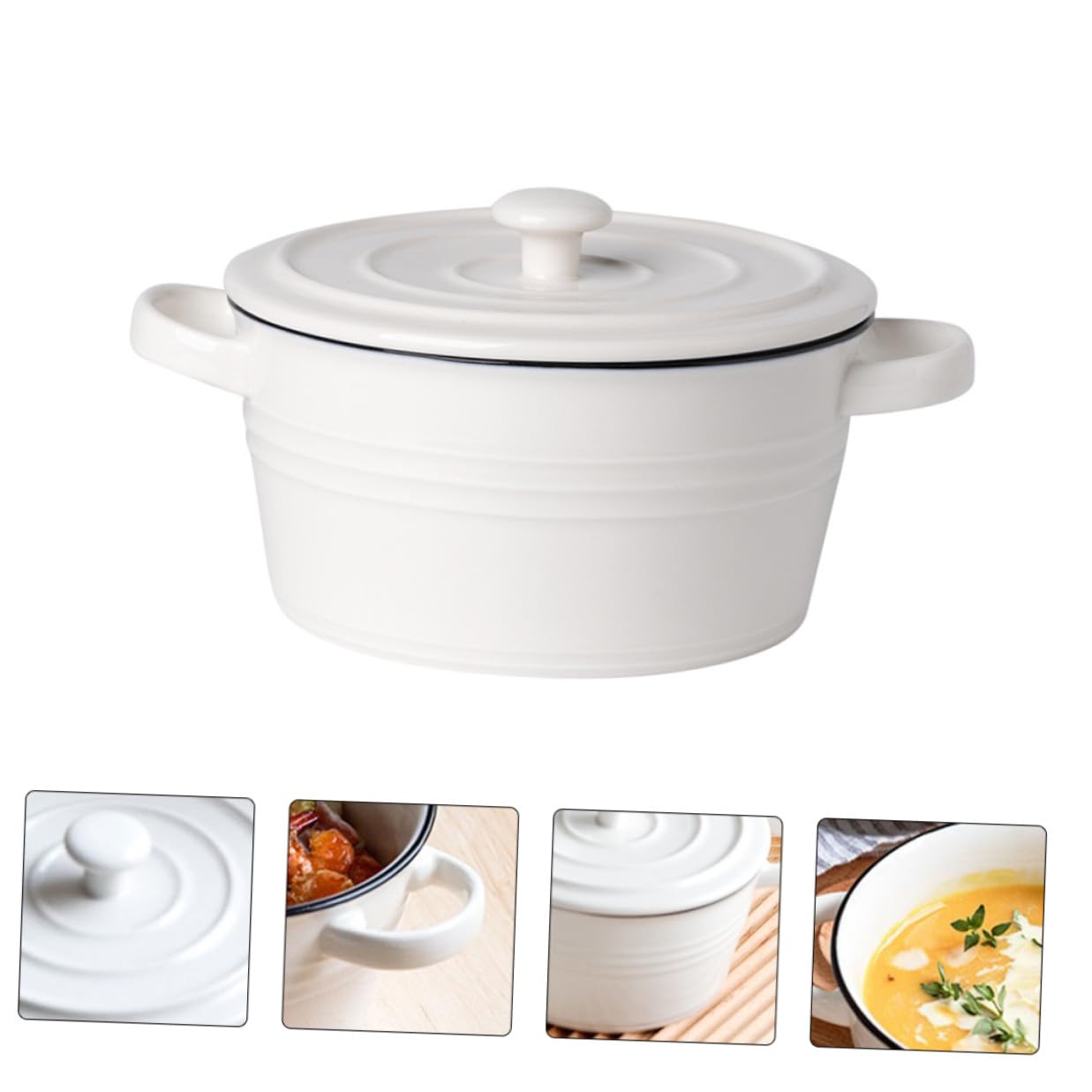 Veemoon Bol de Cerámica para Sopa con Doble Asa y Tapa Tamaño 6 Pulgadas Apto para Vaporera y Uso Doméstico Resistente y Decorativo para Hogares Restaurantes y Hoteles