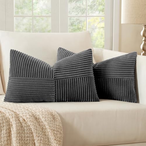 Image of MIULEE Grey Decorative Lumbar Throw Pillow Covers 12x20 Inch for Couch Bed Sofa Pack of 2 Boho Farmhouse Throw Pillows Soft Cross Corduroy Patchwork Textured Cushion Cases
