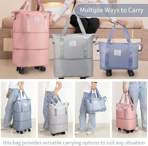 Image of Wheel Bags for Travel Luggage Carry on Duffel Bag, Expandable Foldable Luggage Bag, Dry and Wet Separation Rolling Bag, Travel Totes for Women & Men (1Pcs)(Purple)-JE