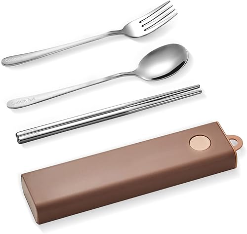 Muka Juego de 3 utensilios portátiles personalizados de acero inoxidable, con logotipo y nombre personalizados, color rosa, plateado