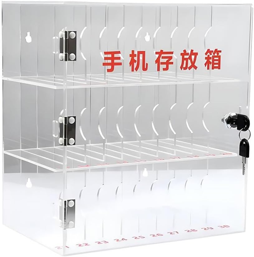 Acrylic Cell Phone Locker Box with Lock Key, Wall-Mounted Storage Cabinet, 75 Slots Desktop Organizer for Office, Classroom, Factory & Conference Room - Clear Display Case