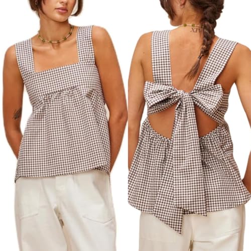 KOSUSANILL Y2k Gingham Tank Top Women Sleeveless Backless Square Neck Ruffle Peplum Babydoll Camisole Going Out Cami Blouse