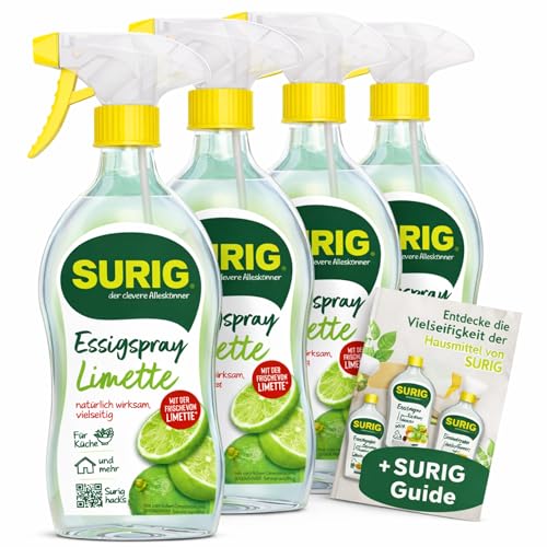 SURIG Essigspray Limette 500 ml im 4er Set + Mini Guide - gebrauchsfertige Essigsäure 8% in Sprühflasche - zum Würzen Säuern Reinigen und Entkalken in Küche und Haushalt
