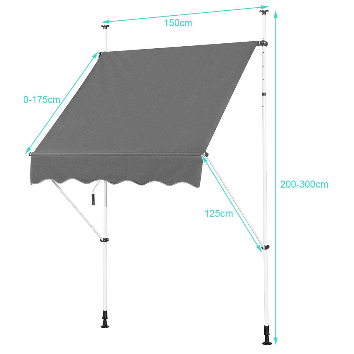 RELAX4LIFE Toldo Retráctil Ajustable en Altura y Anchura con Manivel de Mano, Toldo Rectangular con Diseño Enrrollable para Jardín, Terraza y Balcón, Montaje sin Taladrar (150 x 175 cm, Gris)