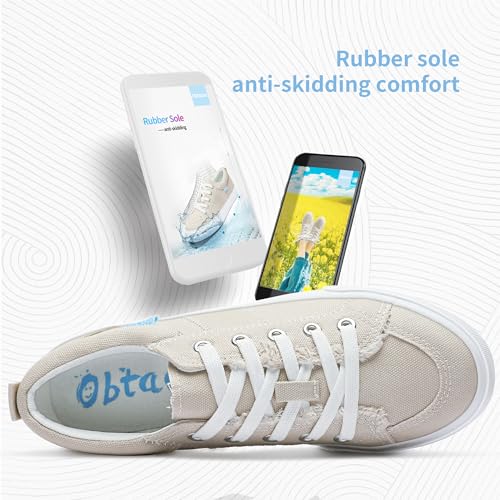 Obtaom Women's White Play Fashion Sneakers Cute Lace up Canvas Shoes Low Top Washed Canvas Flat for Lady4