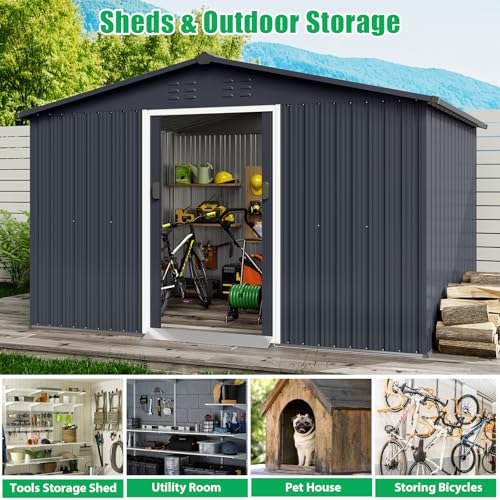 8x10 Ft Outdoor Storage Shed, Steel Utility Tool Shed with Sloped Roof & Lockable Door, Backyard Garden Patio Lawn Outdoor Shed for Storing Tools and Equipment in Yard, Grey