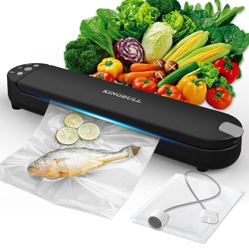 Kingbull Vacuum Sealer Machine, Dry & Moist Food Sealer with Built-in Cutter, Sous Vide & Food Storage, 10 Vacuum Seal Bags & 1 Air Suction Hose, Black