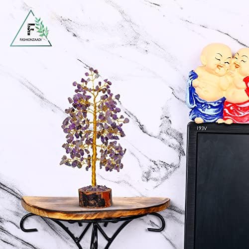 FASHIONZAADI Amethyst Crystal Tree Gemstone Money Feng Shui Bonsai Trees For Good luck Chakra Stone Healing Crystals Home Office Living Room Decor Gift size -10 Inch (Golden Wire)