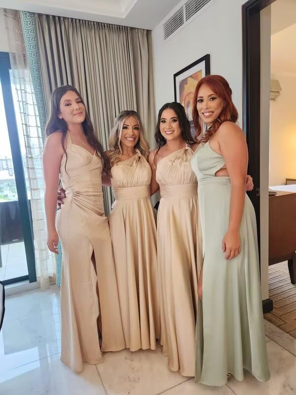 One Shoulder Bridesmaid Dresses for Women Ruffle Satin A Line Pleated Long Formal Evening Gown with Pockets3