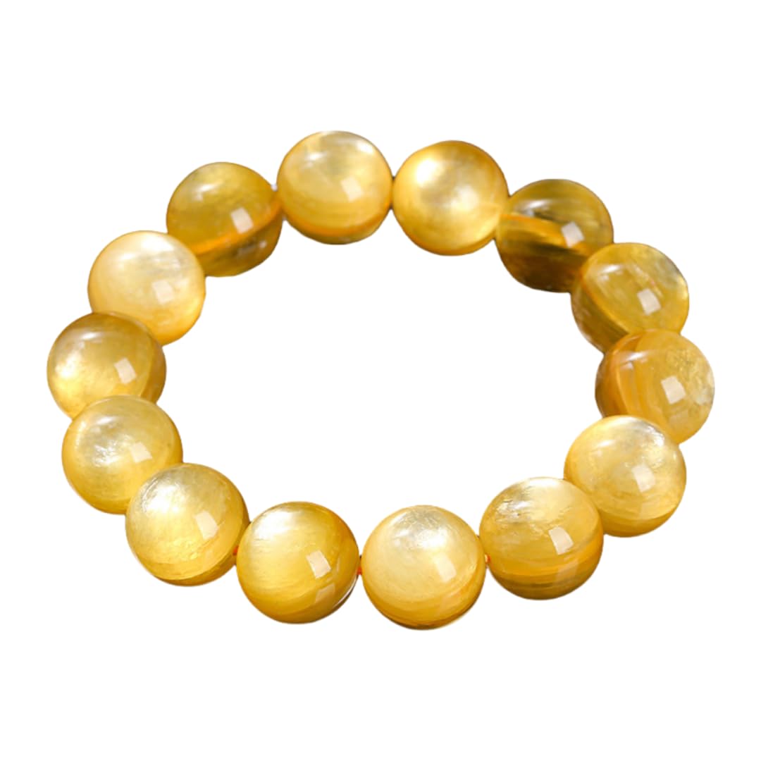 Damen Edelstein Armband Natürliches Gold Lithium Glimmer Katzenauge Große Runde Perlen Elastisches Armband Gelb