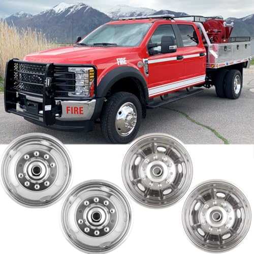 Image of 4pcs 19.5 inch Polished 304 Stainless Steel Wheel Simulators for F450 F550 | Front Rear, 10 Lug 5 Hand Hole, Bolt On Dually Hub Caps, For 2005-2025 Ford F-450 F-550 Super Duty, Install Tools Included