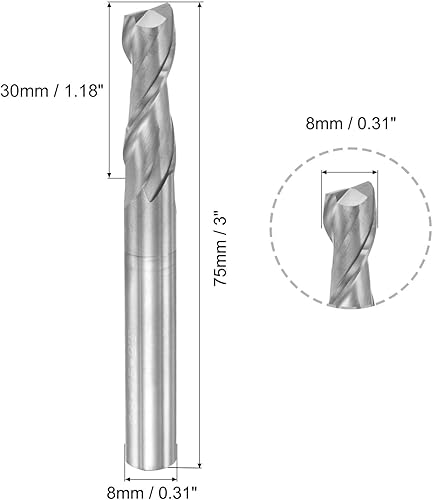 Miniatura 2 de uxcell Fresa de extremo de nariz cuadrada, punta de 0.315 in de diámetro de carburo sólido sin recubrimiento, fresadora CNC de 2 flautas en espiral