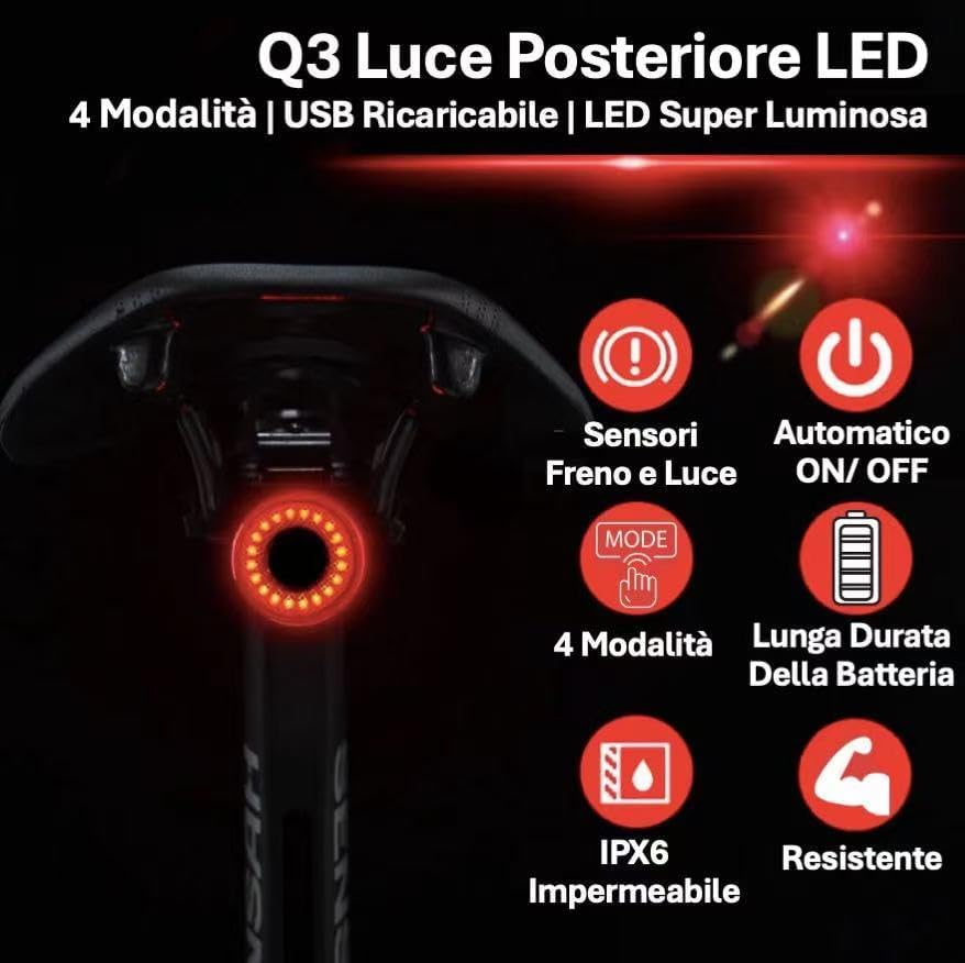Key features of Antusi Q3 Tail Light: 4 modes, USB rechargeable, super bright LED, brake and light sensors, auto ON/OFF, long battery life, IPX6 waterproof, durable.