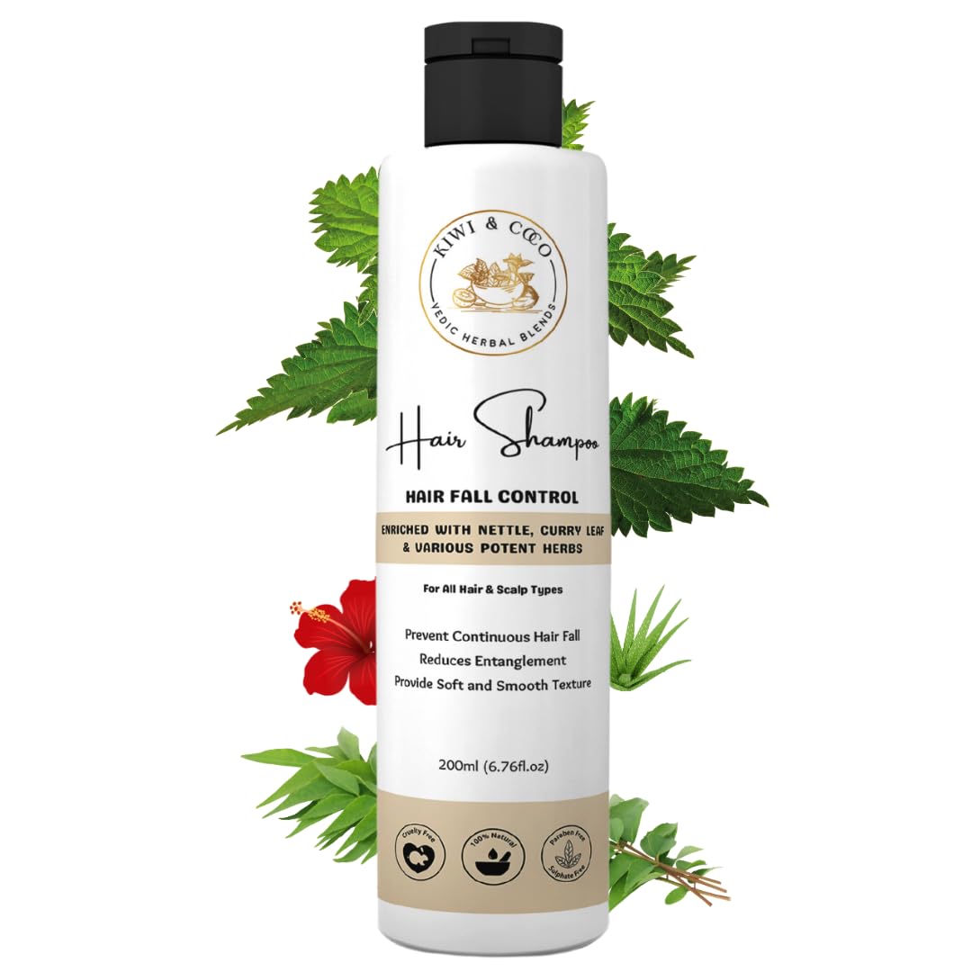 Kiwi & Coco Nettle & Curry Leaf Anti - Hairfall Natural Shampoo for All Hair Types - Stops Hair Fall, Reduces Entanglement, Provides Soft Texture with Neem, Fenugreek, Hibiscus, Coconut Oil, Aloevera, Ashwagandha | USDA ORGANICS & UKcert Organic Certified, FDA Approved Ingredients | 200 ml