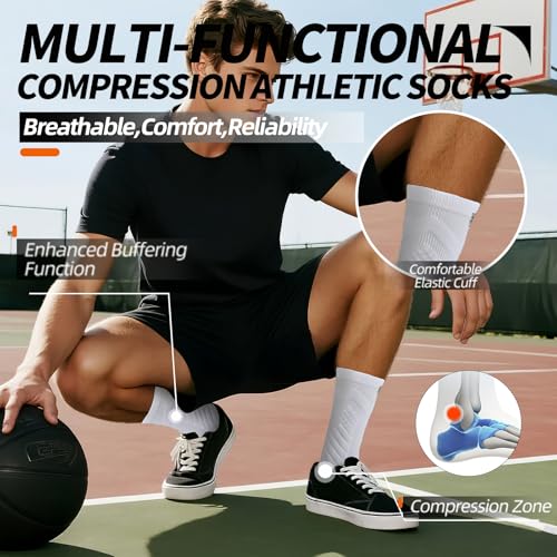 Men's sports crew socks,arch support,grip athletic socks,socks for basketball and tennis,3 pack,black compression sock3
