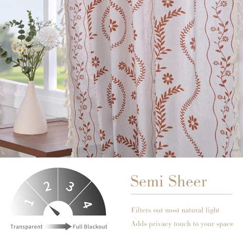 Image of Schweek Boho Floral 63 Inches Long Semi Sheer Curtains 2 Panels for Bedroom | Semi Sheer Linen Rustic Floral, Vintage Farmhouse Farmhouse Vintage Printed Window Curtain for Bedroom, Kitchen 52 inchx 63 inch