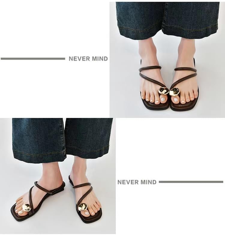 Women's leather strappy flat metal toe ring sandals fashionable square open toe low block heel slip-on Clip Toe Slide Sandals Casual Summer Beach slipper - Image 3