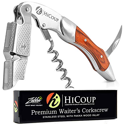Hicoup Wine Opener - Professional Corkscrews for Wine Bottles w/Foil Cutter and Cap Remover - Manual Wine Key for Servers, Waiters, Bartenders and Home Use - Stainless Steel With Pakka Wood Inlay
