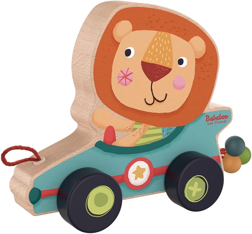 Lion Bababoo Push and Pull Toy | 10+ Months | Beech Wood | Size 6" x 6.5" x 3" | Fine Motor Skills | Playtales Stories Included |