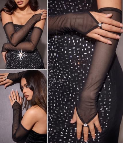 Avidlove Long Fingerless Sheer Mesh Gloves with Rhinestone Ring for Party - image 4