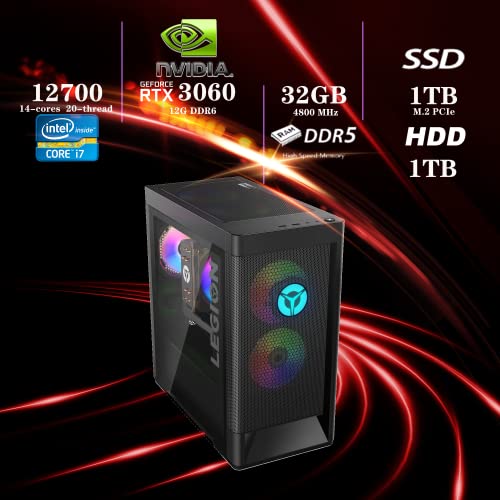 Lenovo 2022 Legion 5I Tower Gen 7 Gaming Desktop, Intel Core I7-12700 Processor, 32Gb Ddr5 Ram, 1Tb Pcie Ssd + 1Tb Hdd, Nvidia Geforce Rtx 3060 12G Ddr6, Win 11 Pro, Black, 32Gb Snowbell Usb Card #TOP1