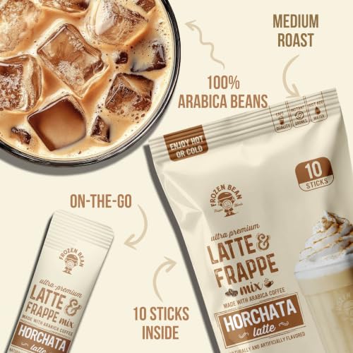Image of The Frozen Bean Horchata Coffee Frappe & Latte Instant Mix (10 Sticks), Made with Arabica Coffee, Double Shot Caffeine, Low Sugar & Premium Ingredients, Hot, Iced, or Blended Drinks