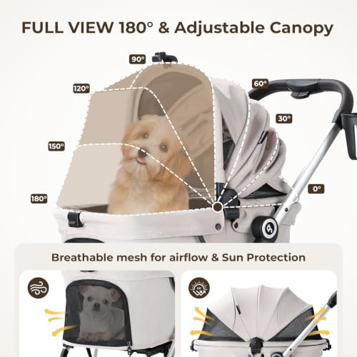 Image of T4 Pet Stroller for Small Medium Dogs, Cat Strollers for 2 Cats, 4 Wheels Folding Pet Stroller for Cats with Pad, Canopy and Cup Holder, Beige