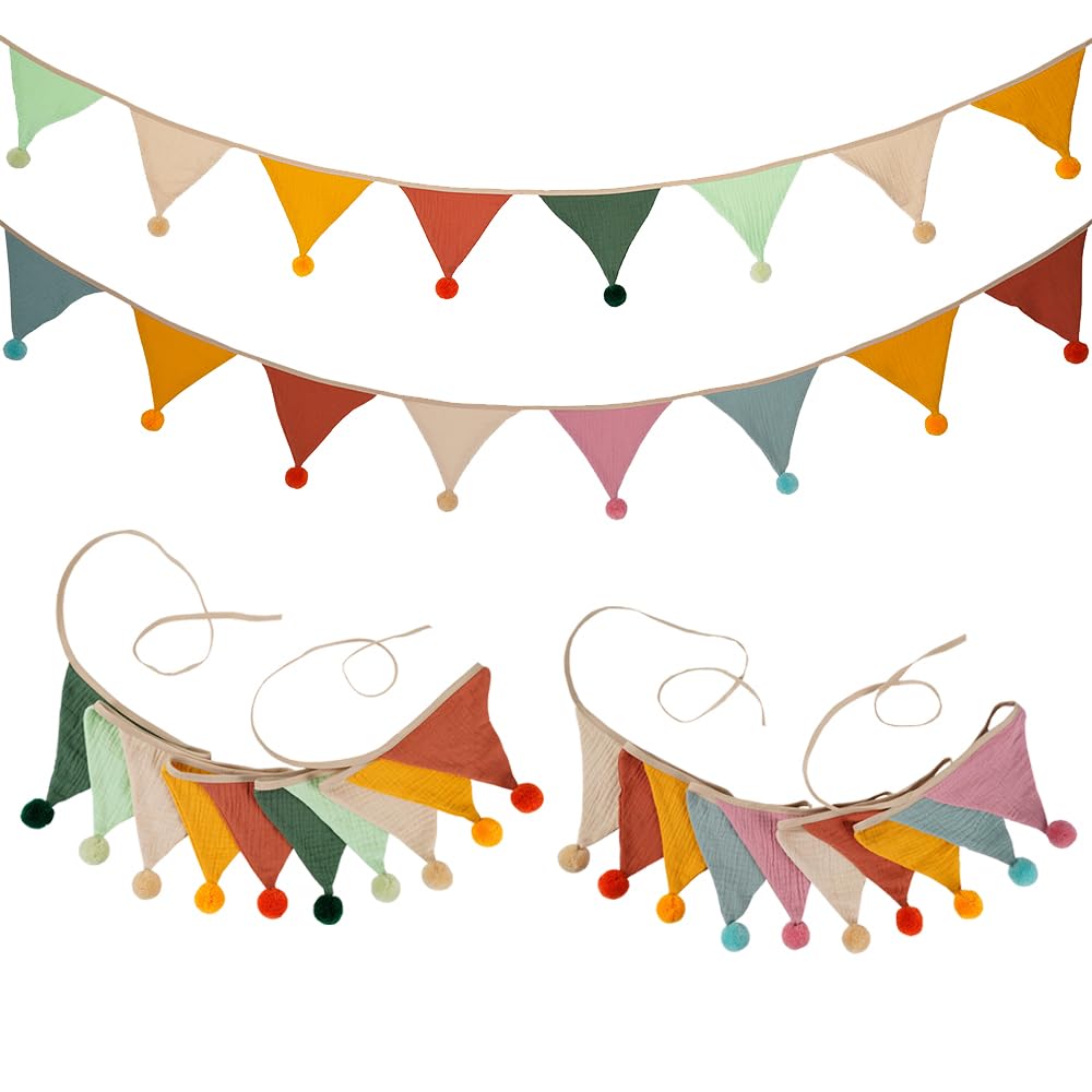 Double-Layer Cotton Wrinkle Fabric Color Triangular Flags Banner for Birthday Party, Kindergarten, Home, and Camping Decoration (Dark candy+pink candy color, 5.2m)