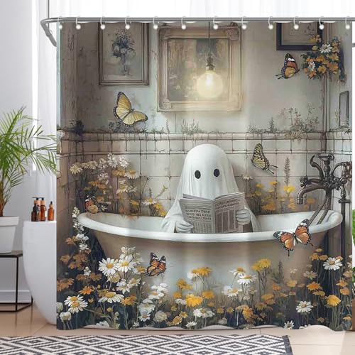 YCUCUEI Halloween Ghost Shower Curtain for Bathroom Spooky Tub Flower Daisy Butterfly Horror Painting Home Decorations Sets with 12 Hooks Waterproof Polyester 72