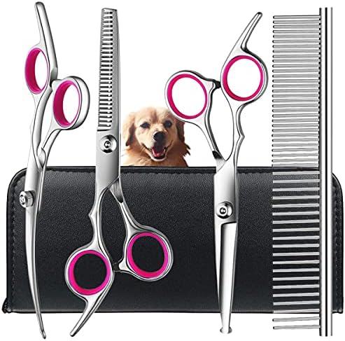 TINMARDA Dog Grooming Scissors Kit with Safety Round Tips Stainless Steel Professional Dog Grooming Shears Set - Thinning, Straight, Curved Shears and Comb for Long Short Hair for Dog Cat Pet