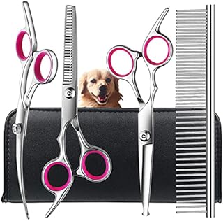 Dog Grooming Scissors Kit with Safety Round Tips, TINMARDA Stainless Steel Professional Dog Grooming Shears Set - Thinning, Straight, Curved Shears and Comb for Long Short Hair for Dog Cat Pet