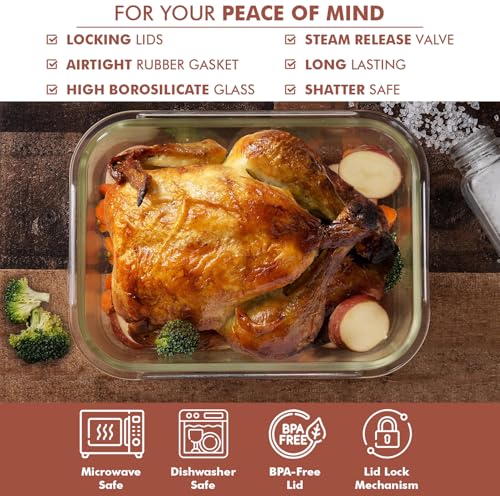 Image of Razab 10 Cups / 80 Oz 4 Pc (Set of 2) Glass Food Storage Containers with Airtight Locking Lids For Storing & Serving Food. BPA Free & Leak Proof - Microwave, Dishwasher, Fridge, Freezer, Oven Safe